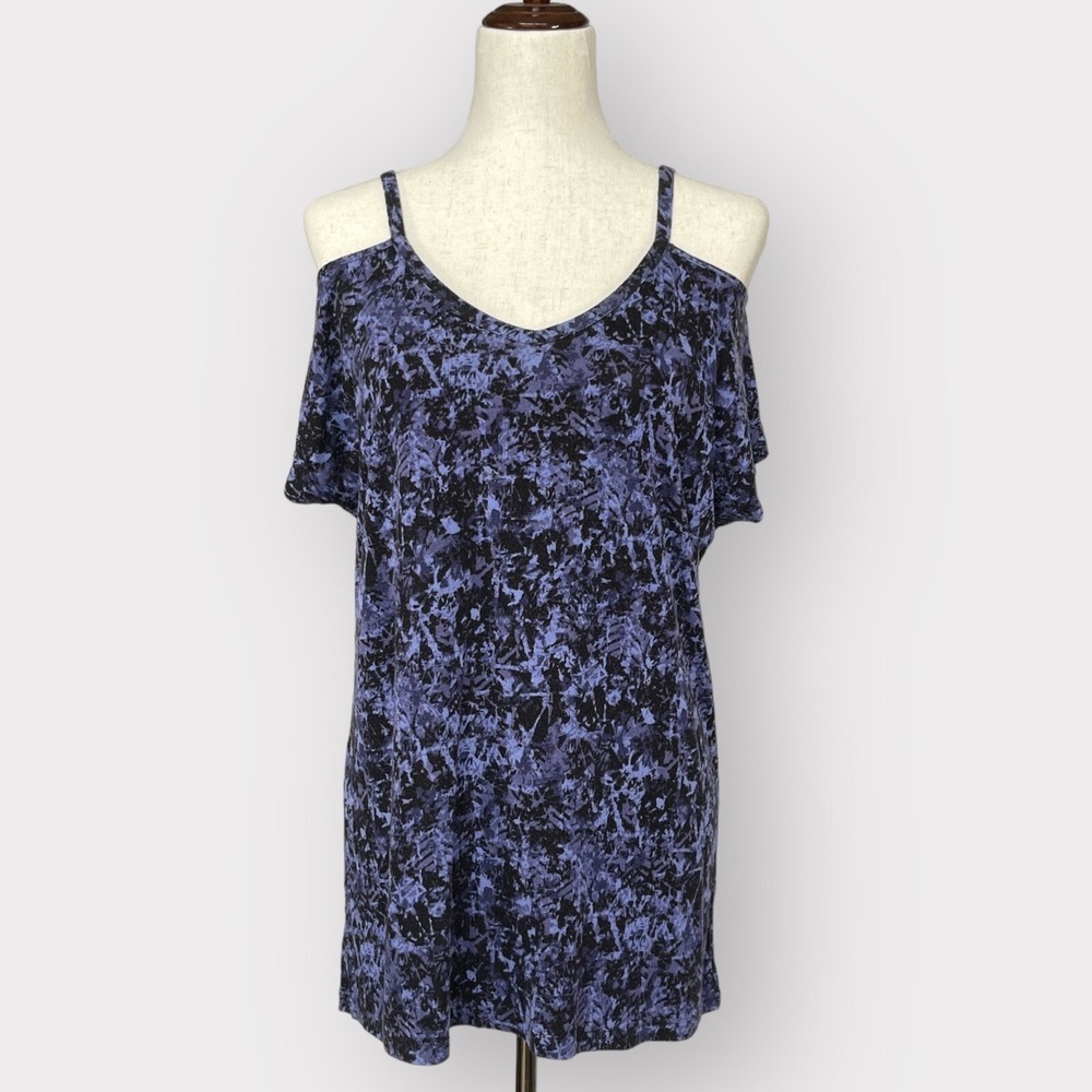 Soma Cold Shoulder Top Womens Medium Blue Black Excellent Abstract V-Neck Tee
